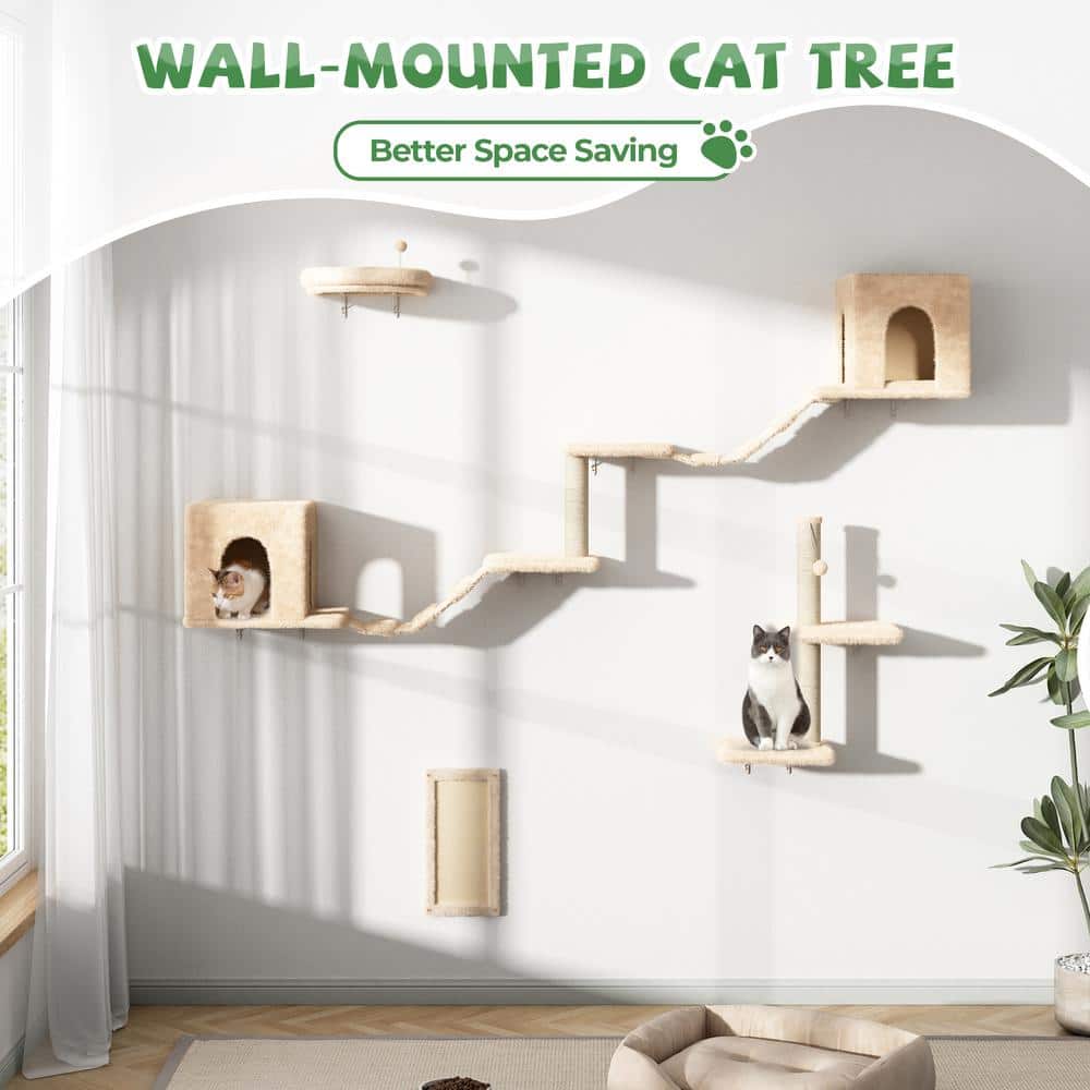 Beige Sisal Wall Mounted Cat Climber Set with Condos and Perches