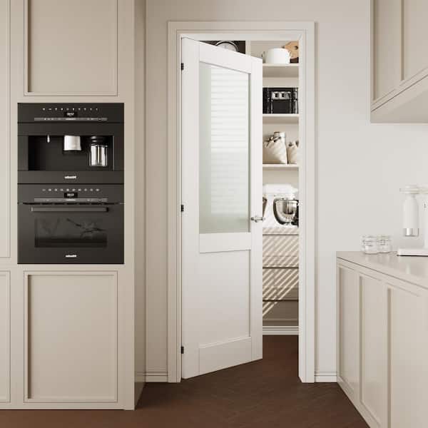 28 in. x 80 in. White Primed 1/2-Lite Frosted Glass door slab for Pocket Door, Standard Door without Pocket Door Frame