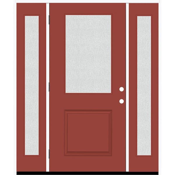 Steves & Sons Legacy 64 in. x 80 in. 1/2 Lite Rain Glass RHOS Primed Morocco Red Finish Fiberglass Prehung Front Door w/Dbl 12 in. SL