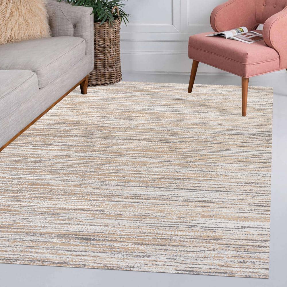 Beige and Gray Striped Synthetic Reversible Area Rug