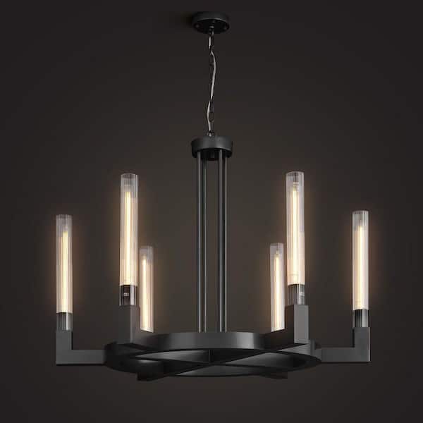 Gleam Flare 35 in. 6-Light Farmhouse Chandelier, Black Wagon Wheel Chandelier with Glass Tube for Dining Room, Living Room, Entryway