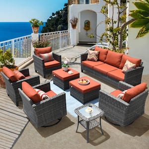 Megon Holly Gray 8-Piece Wicker Patio Conversation Seating Sofa Set with Red Cushions and Swivel Rocking Chairs