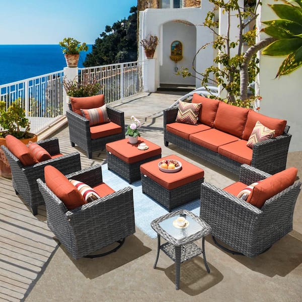 XIZZI Megon Holly Gray 8-Piece Wicker Patio Conversation Seating Sofa Set with Red Cushions and Swivel Rocking Chairs