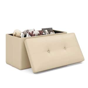 White Rectangle Folding Storage Ottoman Upholstered Footstool PVC Leather 22.5 Gallon