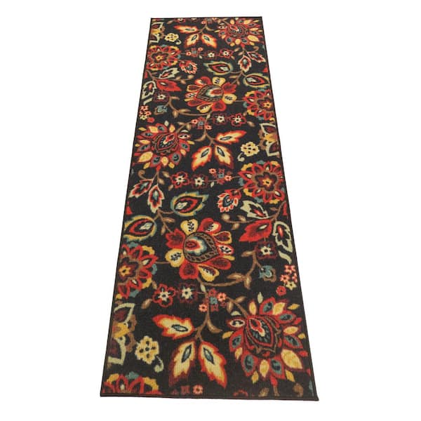 Berber Collection Flower Black Multicolor 26 in. W x 12 in. L Stair Runner 2.17 sq. ft.