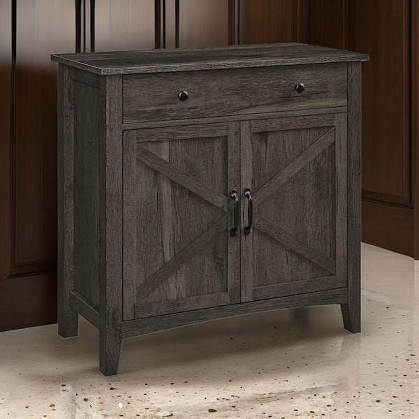 Benjara Gray and Black Wood 31.5 in. Storage Buffet Cabinet with Adjustable Shelf and 2 Drawers
