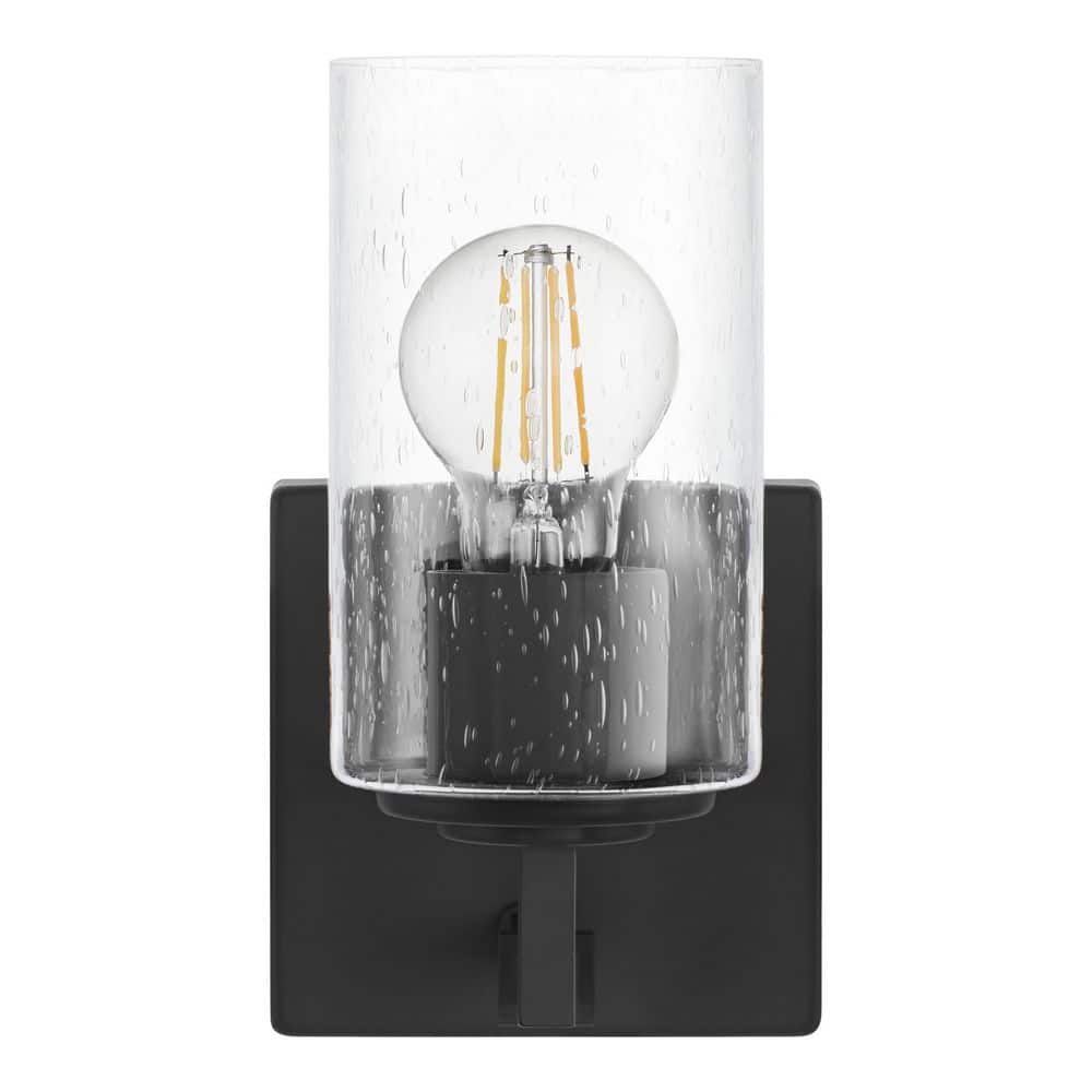 Home Decorators Collection Helenwood 1-Light Matte Black Wall Sconce with Clear Seeded Glass