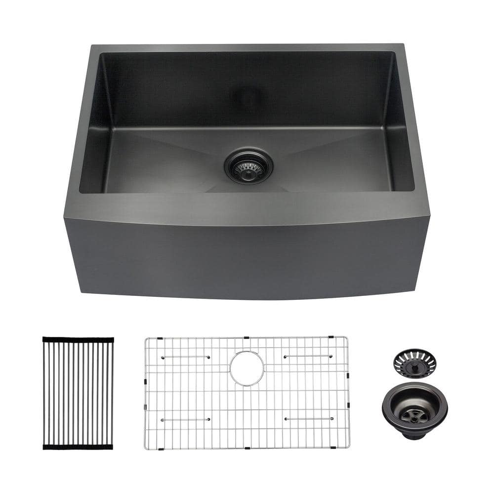 27 in Farmhouse/Apron-Front Single Bowl 16 Gauge Gunmetal Black Stainless Steel Kitchen Sink with Bottom Grid -  EPOWP, LX-KS-7-1