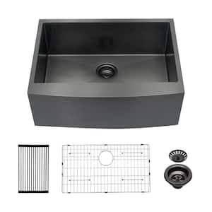27 in Farmhouse/Apron-Front Single Bowl 16 Gauge Gunmetal Black Stainless Steel Kitchen Sink with Bottom Grid