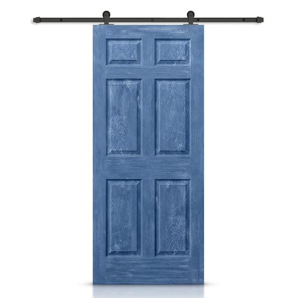 CALHOME 30 in. x 80 in. Vintage Blue Stain Composite MDF 6 Panel Interior Sliding Barn Door with Hardware Kit