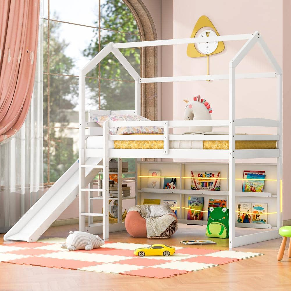 White Twin Size Wood House Loft Bed with Slide Storage Shelves Bookshelves and Light Strips