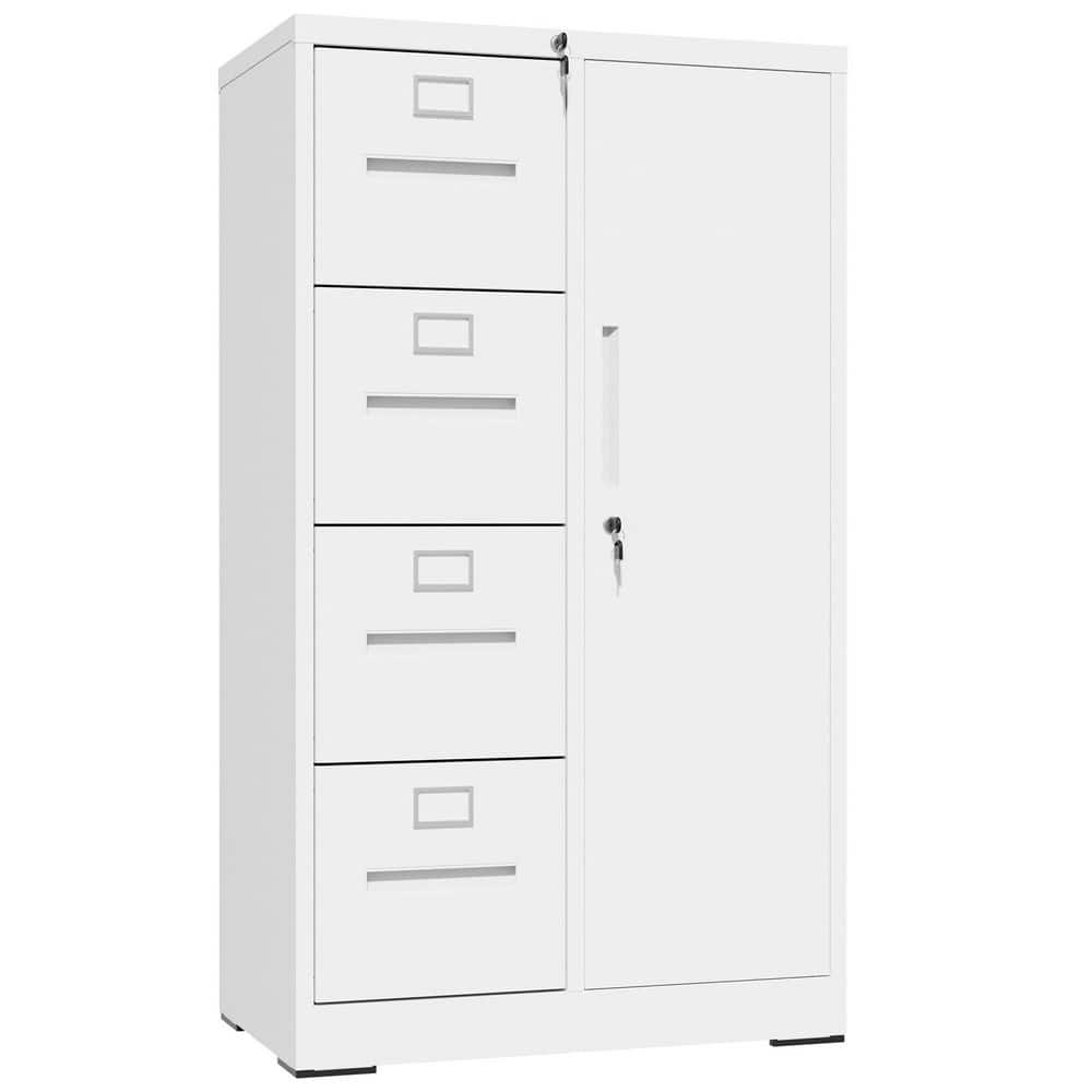 White 52 in. H Vertical Filing Cabinet Office Storage Cabinet with 4 Drawers Lock and Storage Door Steel File Cabinet