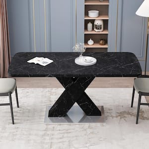 Square Dining Table, Printed White Marble Table Top and Wood X-Shape Table Leg with Metal Trestle Base Dining Table