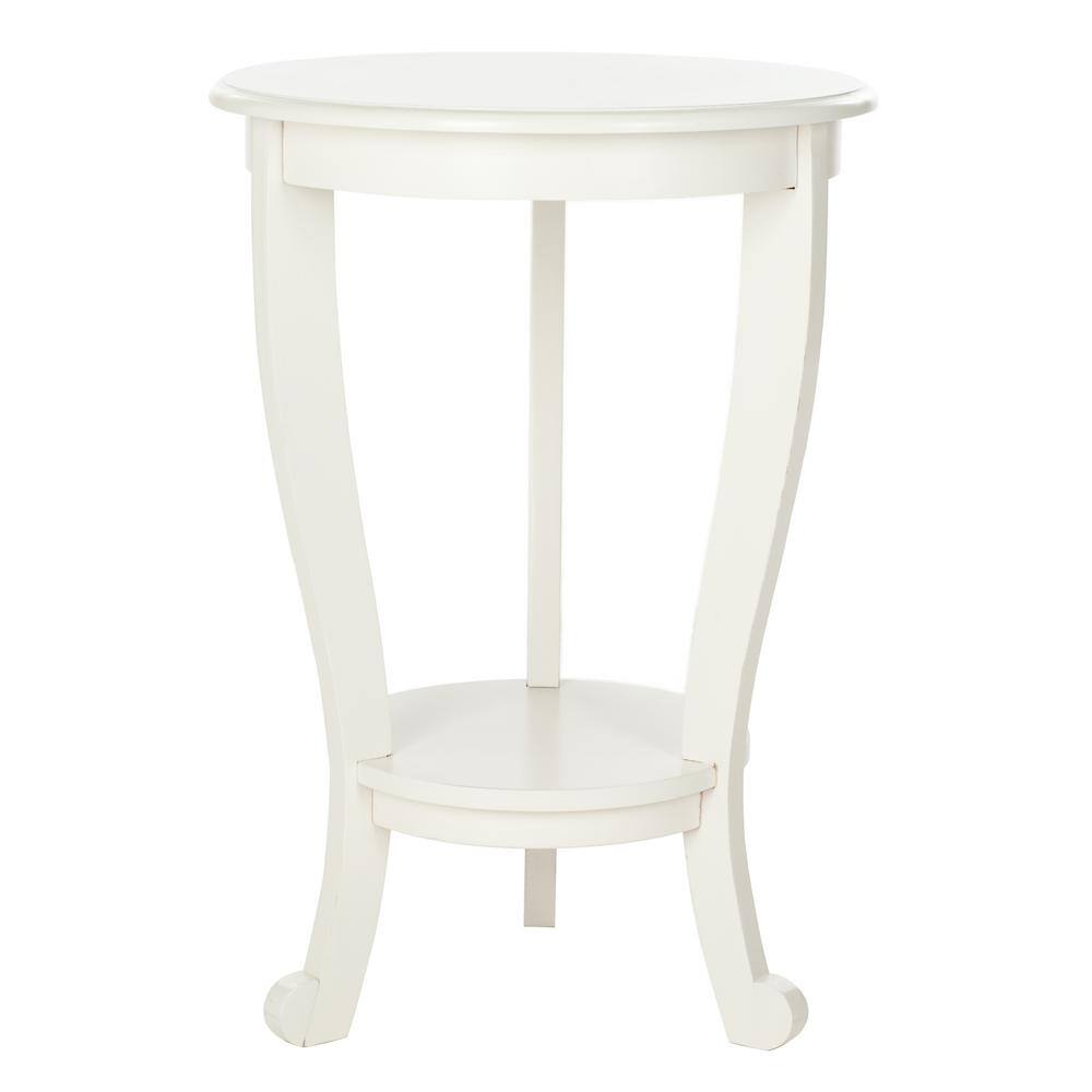 Transitional Round Wood & Stone Pedestal Side Table in Distressed Cream