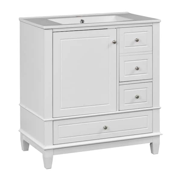 Seraphine 30 in. White Modern Bath Vanity with White Ceramic Top, Drawers, Shelves, Cabinet, Rubberwood, MDF