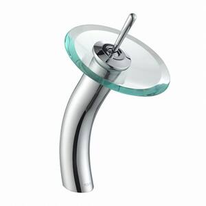 Single Hole Single-Handle Low-Arc Glass Waterfall Vessel Bathroom Faucet in Chrome with Glass Disk in Clear