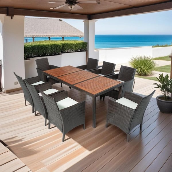 JimsMaison 9-Piece Wicker Outdoor Dining Set with White Cushions