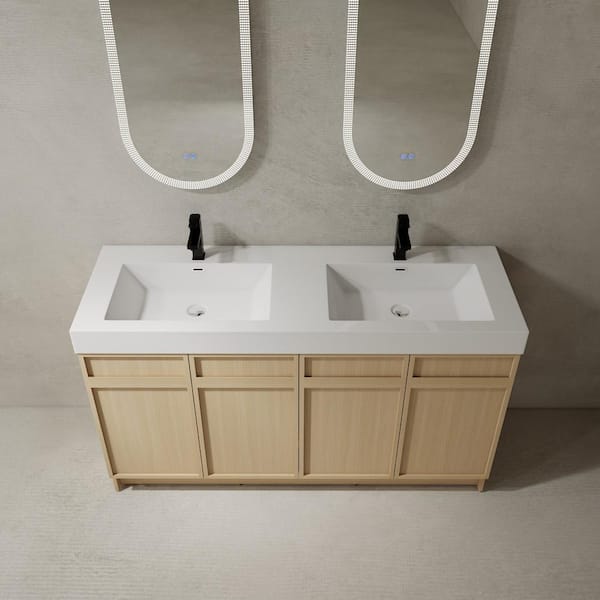 59.1 in. Freestanding Oak Bath Vanity with Double Sink White Resin Top Bathroom Door Storage Cabinet Unassembled