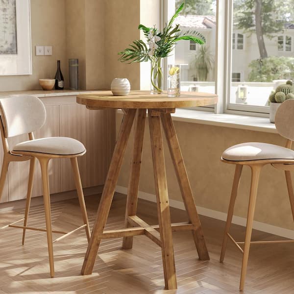 Solid Wood 35.43 in H Brown Round Bar Table, Round Pub Bistro Table Seats 2 for Cafe, Dining Room, Kitchen, Living Room