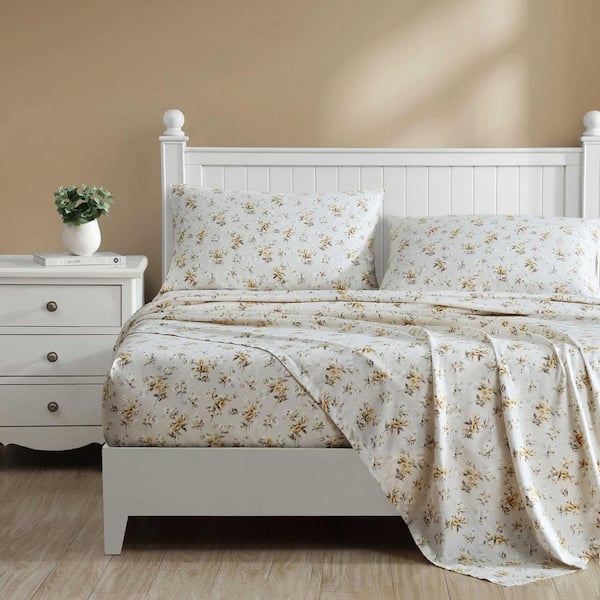 Laura Ashley Ashfield 4-Piece Beige Cotton Full Sheet Set