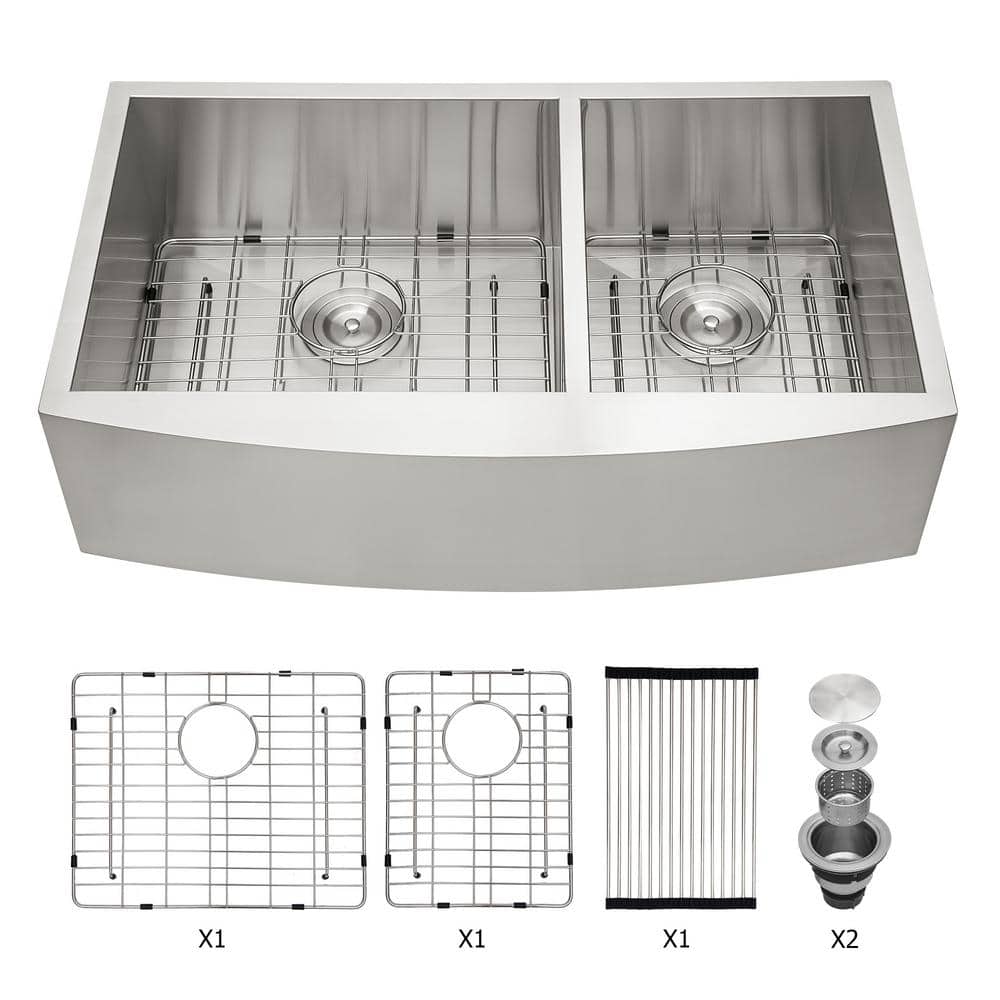 Brushed Nickel 33 in. Farmhouse/Apron-Front Double Bowl Stainless Steel 18 Gauge Kitchen Sink with Two 9"" Deep Basin