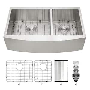 Brushed Nickel 33 in. Farmhouse/Apron-Front Double Bowl Stainless Steel 18 Gauge Kitchen Sink with Two 9" Deep Basin