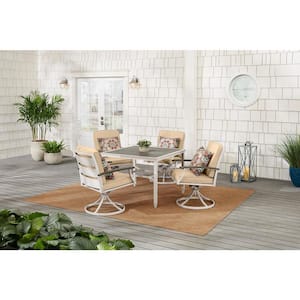 Marina Point 5-Piece White Steel Outdoor Patio Dining Set with Sunbrella Beige Cushions and Painted White Steel Tabletop