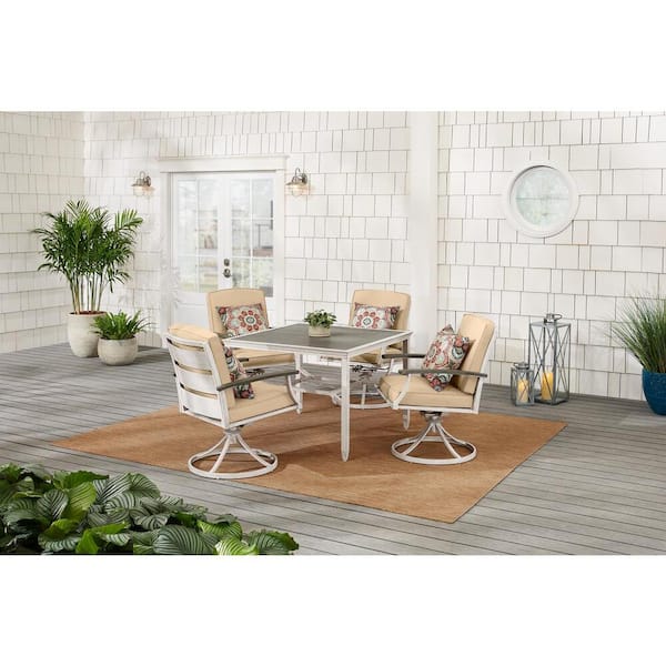 Hampton Bay Marina Point 5-Piece White Steel Outdoor Patio Dining Set with Sunbrella Beige Cushions and Painted White Steel Tabletop