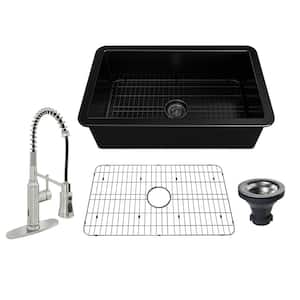 All-in-one Matte Black Fireclay 32 in. Single Bowl Undermount Kitchen Sink with Pull Down Faucet and Accessories