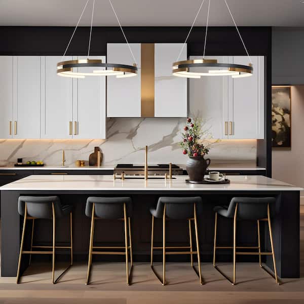 25.5 in. Integrated LED Brass Round Chandelier, Modern Black Island Pendant Light, Farmhouse DIY Pendant Hanging Light