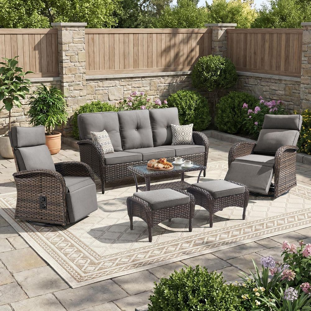 Carlos 6-Piece Wicker Patio Conversation Set with Swivel Recliner Chair, Outdoor Sofa Furniture Sets with Gray Cushions price history on PriceWatchPro