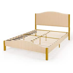Beige Wooden Upholstered Bed Frame Queen Size Platform Bed with Quilted Headboard, Not Need Box Spring