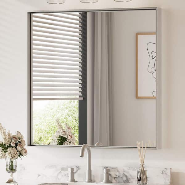 KeonJinn 36 in. W x 36 in. H Framed Brushed Silver Mirrors for Bathroom Wall Square Corner Bathroom Vanity Mirror Over Sink