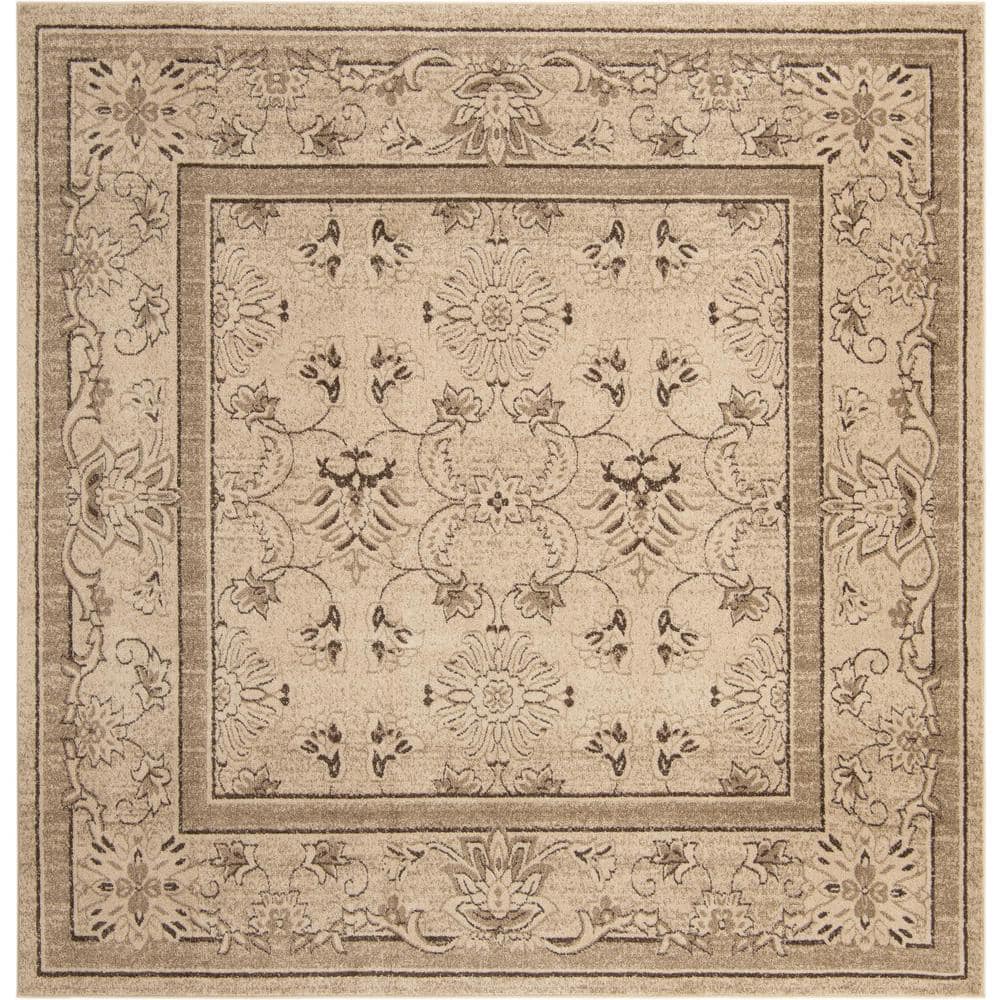 Ivory and Brown Floral Synthetic Square Rug, 10' x 10'