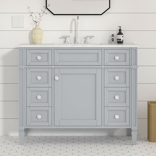 HOMEVY STUDIO Lydia 42 in. W x 21 in. D x 35 in. H Single Sink Freestanding Bath Vanity in Empire Gray with Carrara Marble Top