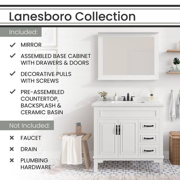 35.43 in. W x 22.05 in. D x 33.46 in. H SLanesboro Vanity Cabinet with Sink, 3 Drawers, White Cabinet