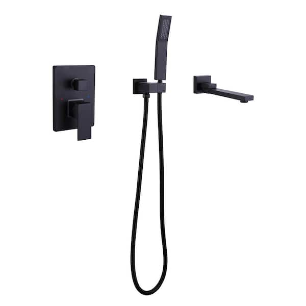 FLG Single-Handle Wall-Mount Roman Tub Faucet with Hand Shower Modern Brass Tub Filler with Valve in Matte Black