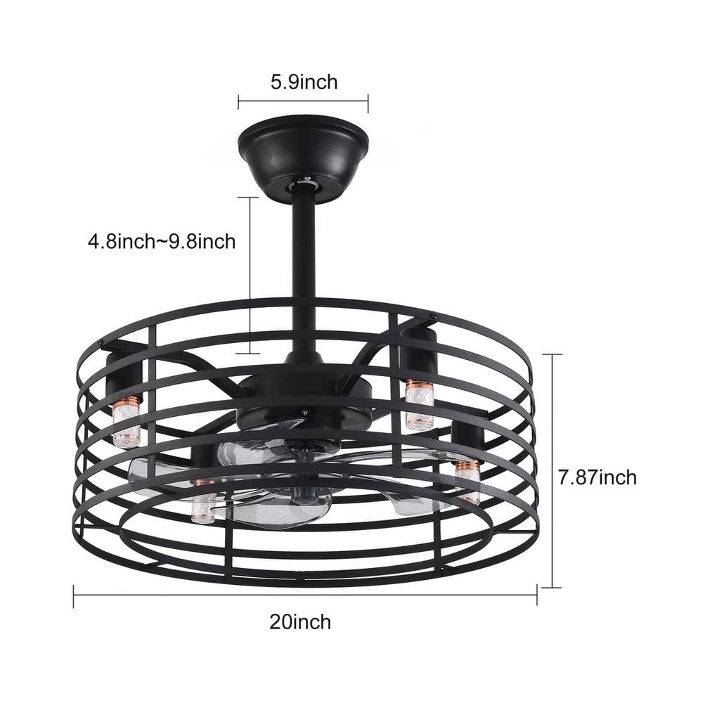 20'' Black Industrial Caged Ceiling Fan with Lights and Remote