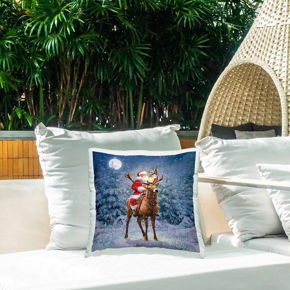Santa Reindeer Snowy Night Square Christmas Pillow