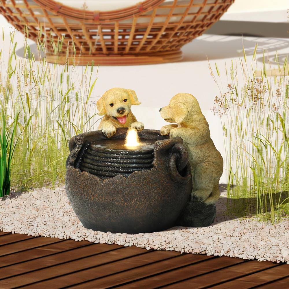 Farmhouse Resin Outdoor Fountain with Puppies and Lights
