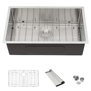 32 in. Undermount Single Bowl 16-Gauge Brushed Nickel Stainless Steel Kitchen Sink with Bottom Grids
