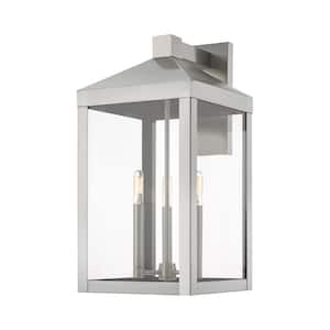 Creekview 21.75 in. 3-Light Brushed Nickel  Outdoor Hardwired Wall Lantern Sconce with No Bulbs Included