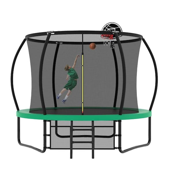 Jovaro 10 ft. Outdoor Recreational Pumpkin Trampoline with Safety Enclosure Net, Ladder and Basketball Hoop, Green