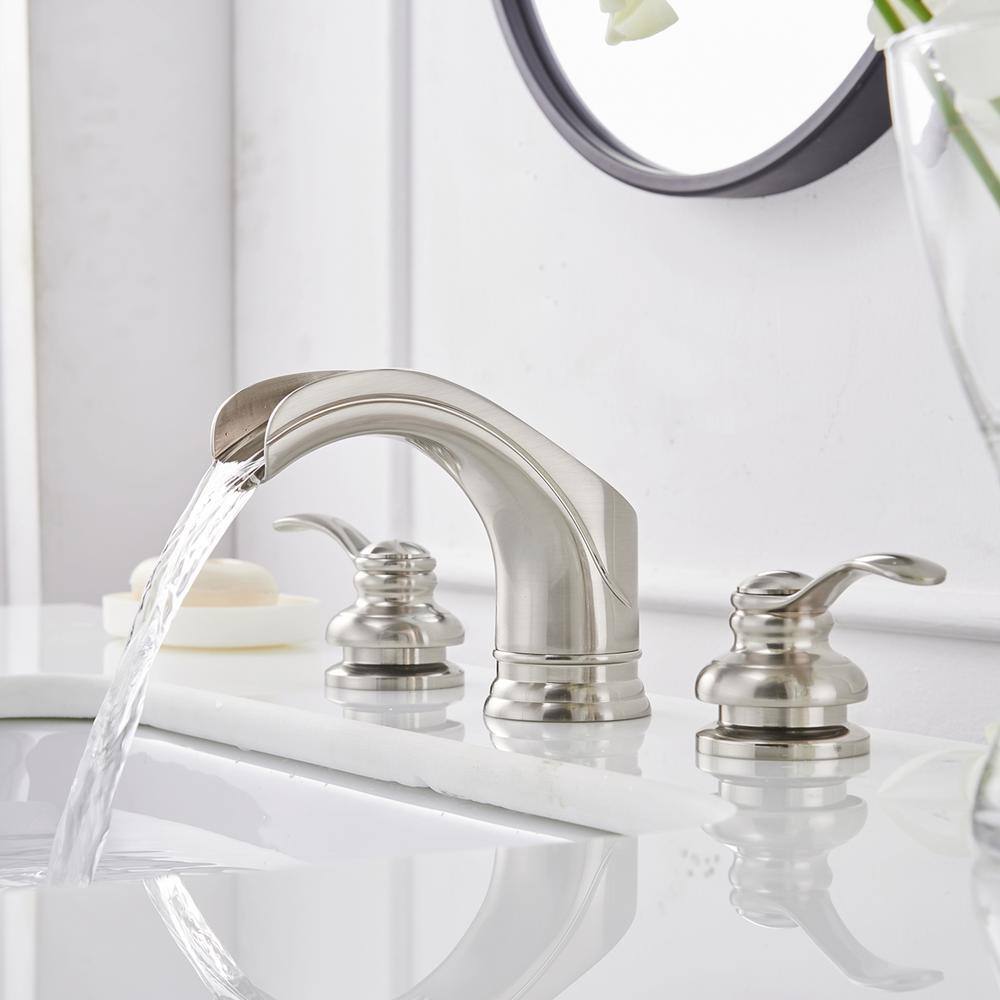 Brushed Nickel 8-Inch Waterfall Widespread 2-Handle Bathroom Faucet