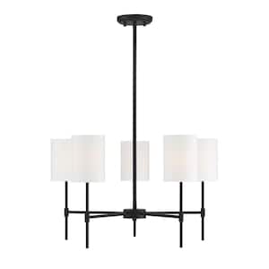 25 in. W x 15 in. H 5-Light Matte Black Chandelier with White Fabric Shades