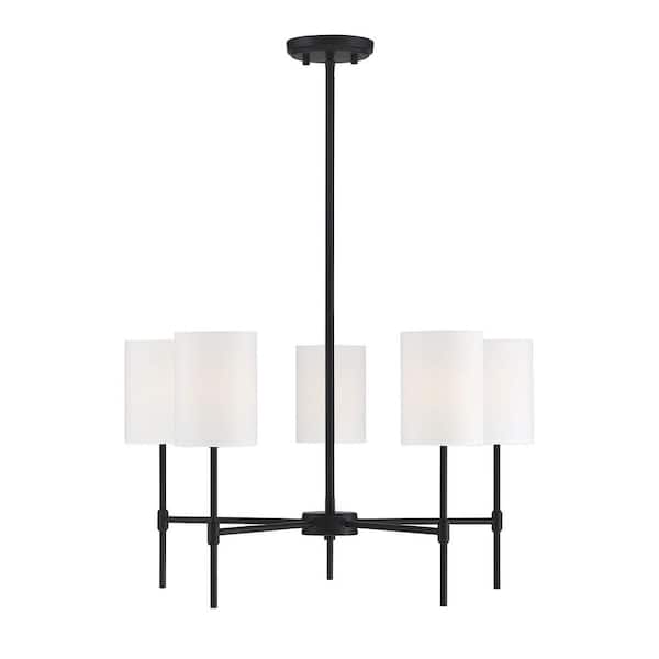 TUXEDO PARK LIGHTING 25 in. W x 15 in. H 5-Light Matte Black Chandelier with White Fabric Shades