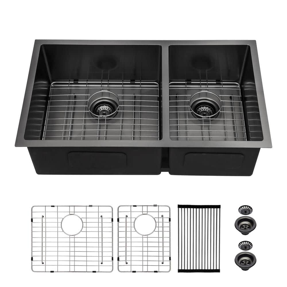 18-Gauge Gunmetal Black Stainless Steel 33 in. 60/40 Double Bowl Undermount Kitchen Sink with Bottom Grid -  Logmey, MUB33199A2-64