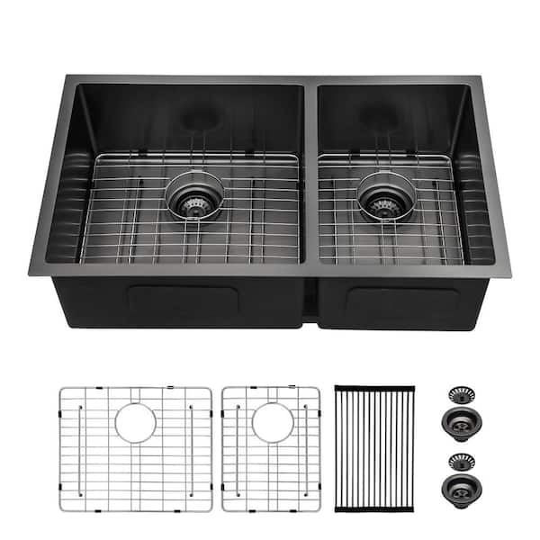 18-Gauge Gunmetal Black Stainless Steel 33 in. 60/40 Double Bowl Undermount Kitchen Sink with Bottom Grid