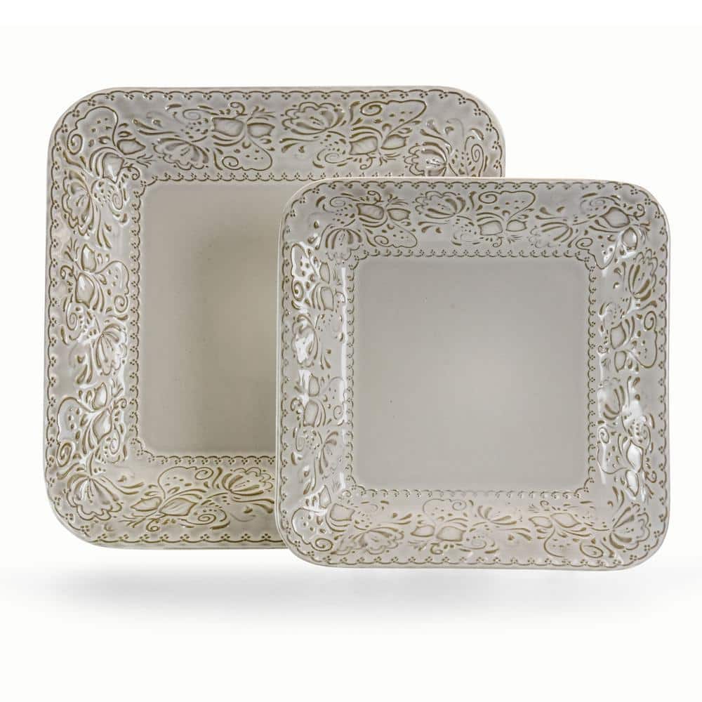 Ivory Floral Ceramic Square Dinnerware Set, Service for 4
