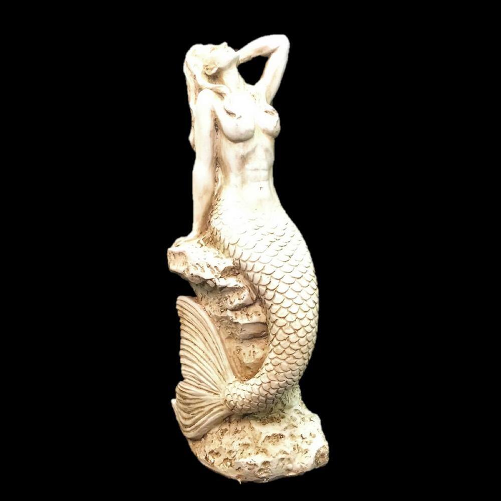Antique White Mermaid Sitting on Coastal Rock Statue